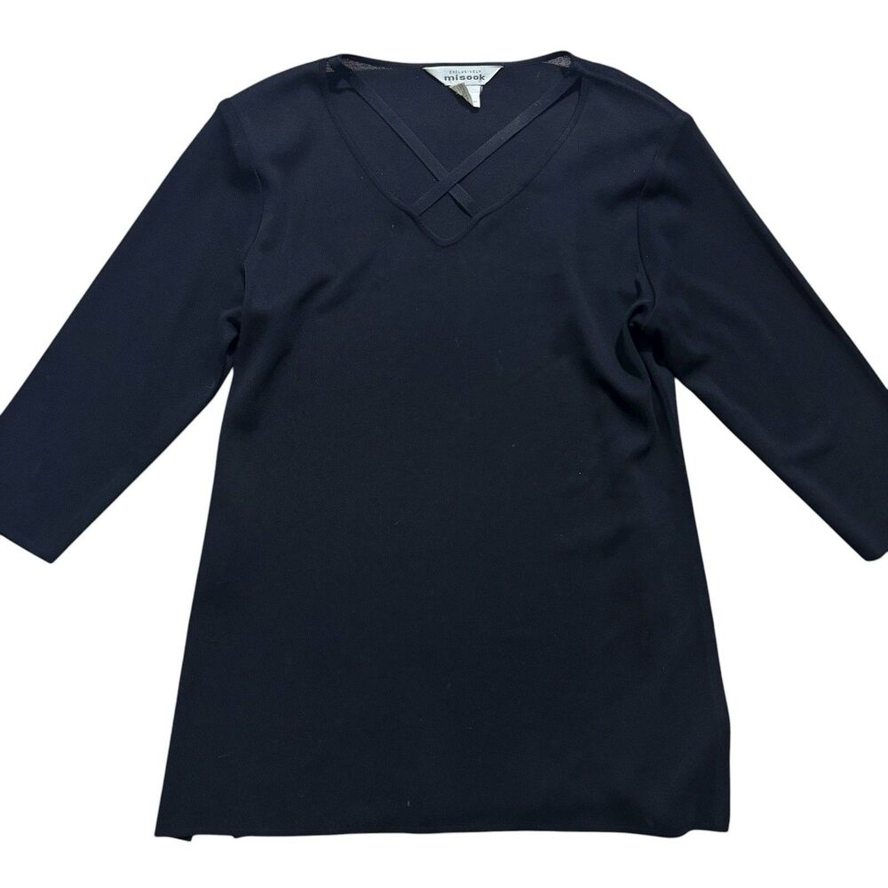 Misook Shirt Women’s Medium Black 3/4 Sleeve Side Slit V Neck Minimalist Classic